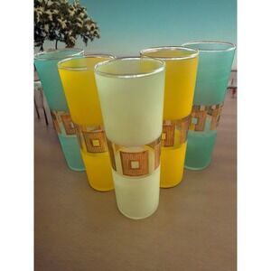 5 Vintage MCM Highball Bartlett Glasses Gold Guild Pastel Color